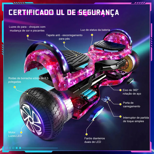 Hoverboard Skate Elétrico Roxo 6,5 Polegadas Bluetooth Cores