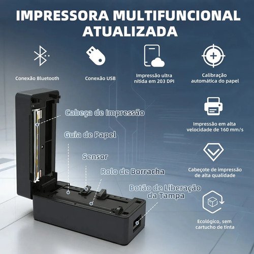 Impressora De Etiquetas Térmica Bluetooth USB Até 110mm Gold Care Bivolt Portátil Para Código De Barras Guias De Envios PDF ERP