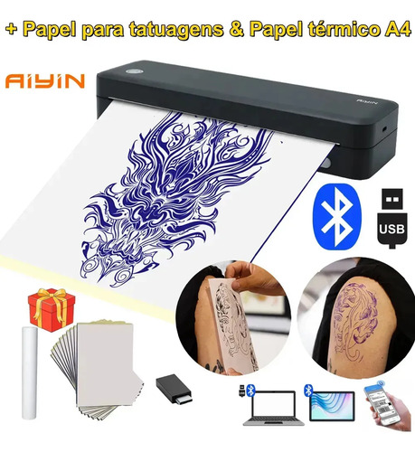 Impressora E De Tatuagem A4 2en1 Bluetooth + Papel A4 + Papel de Tatuagem Portátil 203DPI 127V/220V USB Portátil Impressora Para Tatuagem Tatto Ios Android Windows App Térmica PDF WORD EXCEL Sem Fio