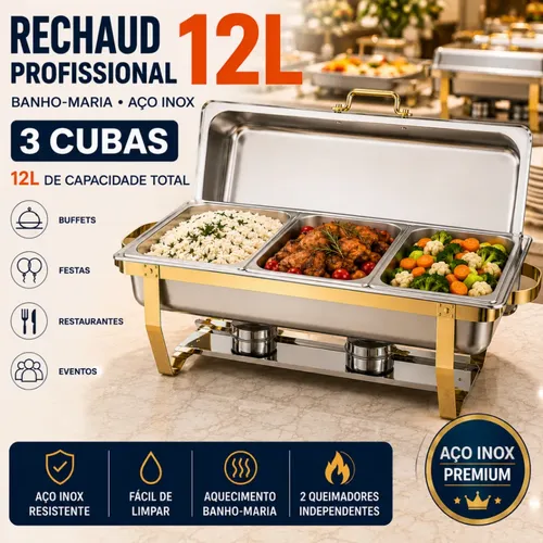 Inox Rechaud 12 Litros 1 Panelas Banho Maria 3 Cubas Buffet
