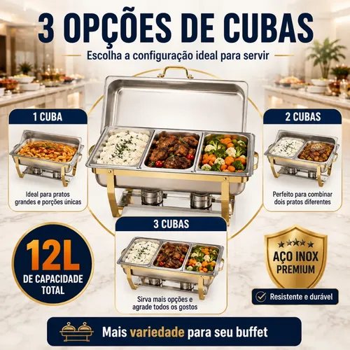 Inox Rechaud 12 Litros 1 Panelas Banho Maria 3 Cubas Buffet