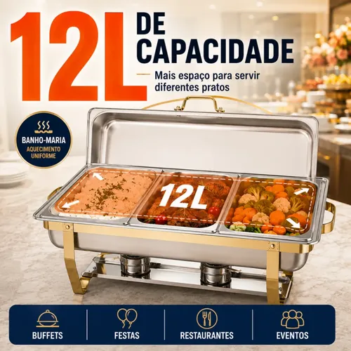 Inox Rechaud 12 Litros 1 Panelas Banho Maria 3 Cubas Buffet