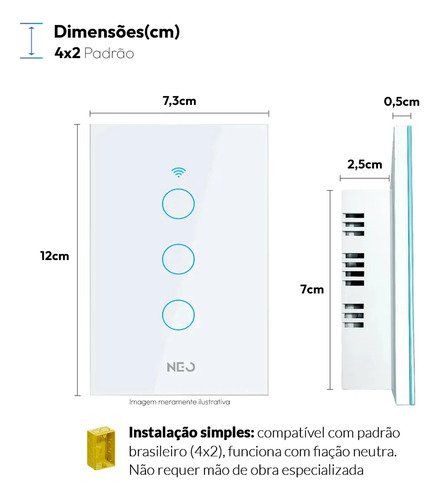 Interruptor Inteligente Smart Wi-fi 2.4 Ghz Alexa Google 3 Botões 4x2 Bivolt Branco Cod: 291990392 Neo Avant