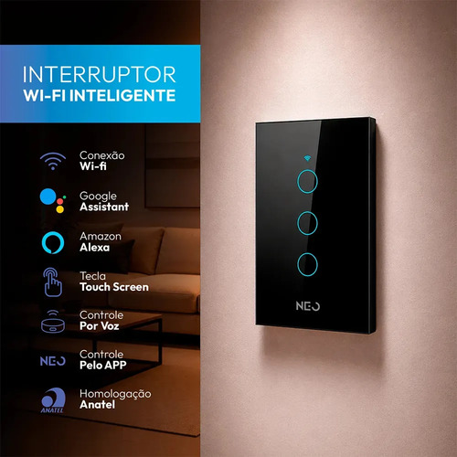 Interruptor inteligente wifi 4x2 touch 3 botoes alexa google