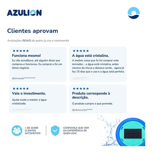Ionizador Solar Piscina Azulion Até 60 Mil Litros Cobre