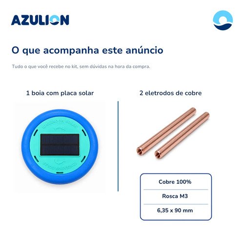 Ionizador Solar Piscina Azulion Até 60 Mil Litros Cobre