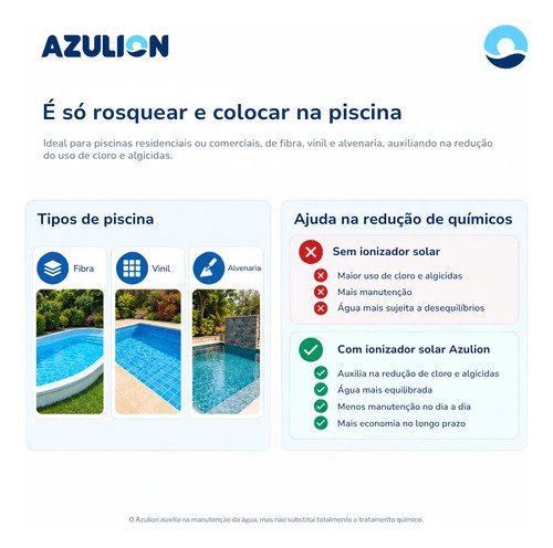 Ionizador Solar Piscina Azulion Até 60 Mil Litros Cobre