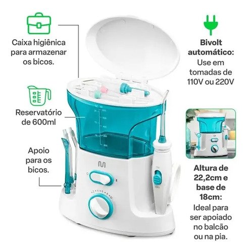 Irrigador Oral Clearpik Family 600ml Bivolt Com 5 Bicos Para Limpeza Profunda De Aparelhos Ortodônticos Implantes E Gengivas - HC037