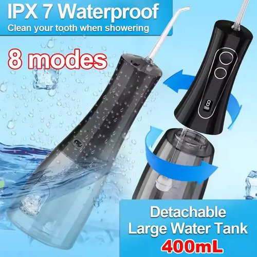 Irrigador Oral Portátil Ipx7 De 400ml Com Jato Forte Pulsado 8 Modos, 5 Bicos,Bivolt Para Limpeza Bucal E Prótese Dentária