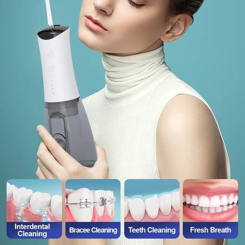 Irrigador Oral Portátil Ipx7 De 400ml Com Jato Forte Pulsado 8 Modos, 5 Bicos,Bivolt Para Limpeza Bucal E Prótese Dentária