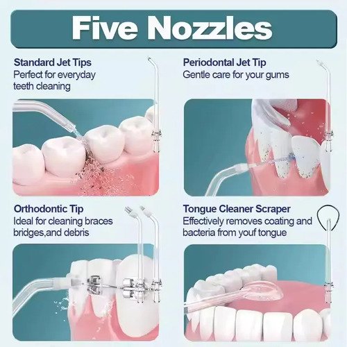 Irrigador Oral Portátil Ipx7 De 400ml Com Jato Forte Pulsado 8 Modos, 5 Bicos,Bivolt Para Limpeza Bucal E Prótese Dentária