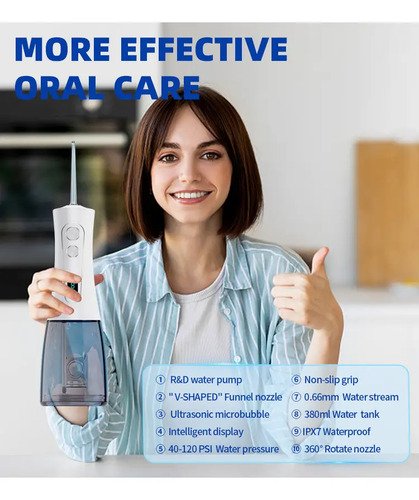Irrigador Oral Portátil Ipx7 De 400ml Com Jato Forte Pulsado 8 Modos, 5 Bicos,Bivolt Para Limpeza Bucal E Prótese Dentária
