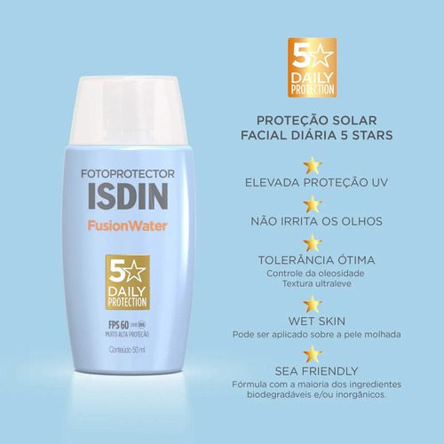 ISDIN Protetor Solar Facial Fusion Water 5 Stars Sem Cor FPS 60 - 50ml