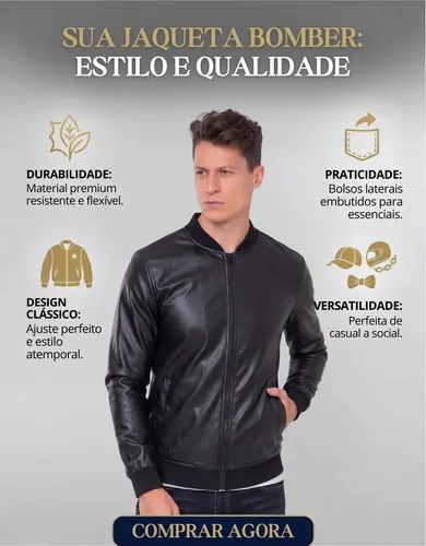 Jaqueta Bomber Courino Masculina Com Zíper E Bolso
