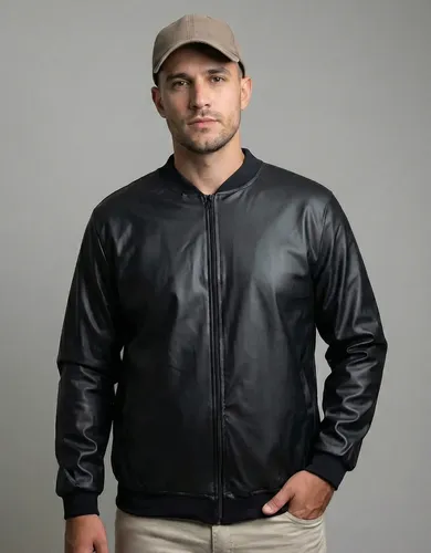 Jaqueta bomber courino masculina preta com ziper
