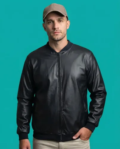 Jaqueta Bomber Courino Masculina Preta Com Zíper