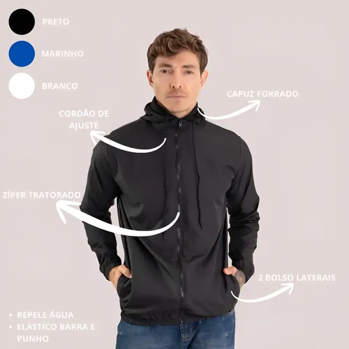 Jaqueta corta vento liso unissex esportivo capuz e bolsos