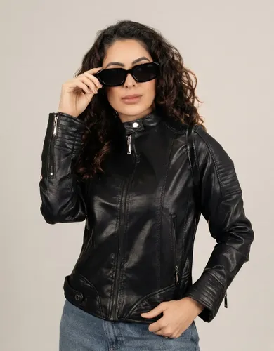 Jaqueta couro feminina biker forrada slim rock premium