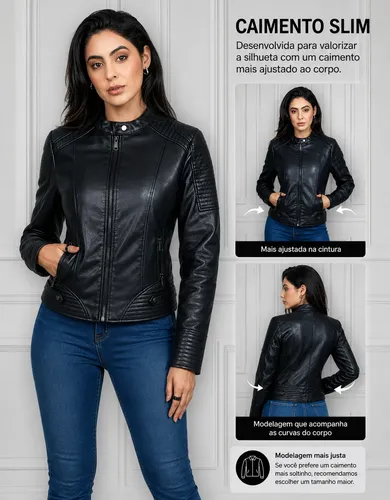Jaqueta Couro Feminina Biker Forrada Slim Rock Premium