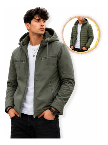Jaqueta de sarja masculina forrada com capus removivel frio