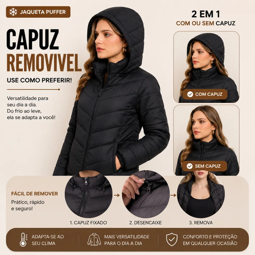 Jaqueta Feminina Puffer Bobojaco Impermeável Com Capuz Nylon