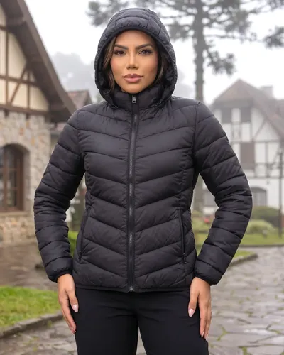 Jaqueta feminina puffer impermeavel capuz frio inverno