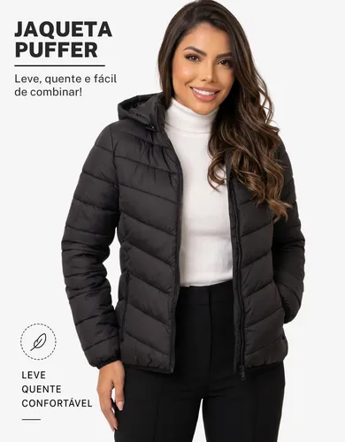 Jaqueta Feminina Puffer Impermeável Capuz Frio Inverno