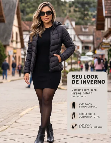 Jaqueta Feminina Puffer Impermeável Capuz Frio Inverno
