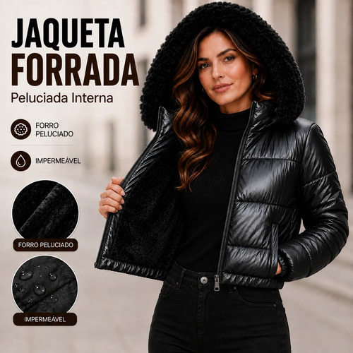 Jaqueta puffer feminina impermeavel capuz removivel peluciad