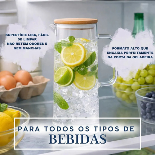 Jarra De Vidro Borossilicato 1,2 L Com Tampa Bambu Vedação Hermética Para Sucos Água Pítia