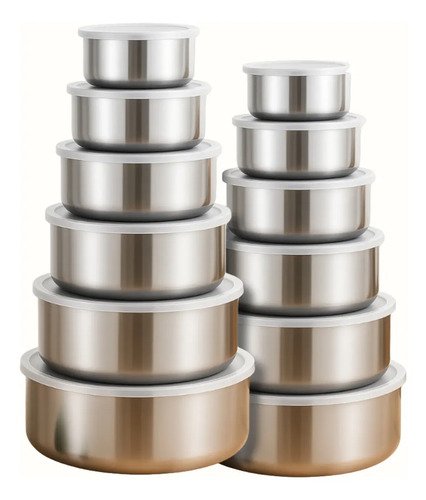 Jogo 10 potes tigelas em inox aluminio com tampa redondo