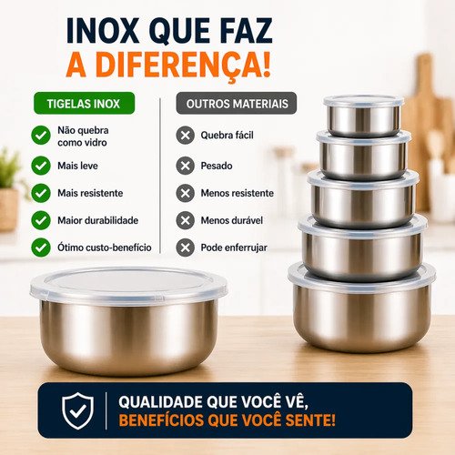 Jogo 10 Potes Tigelas Em Inox Alumínio Com Tampa Redondo