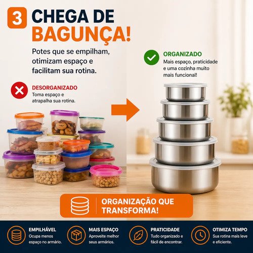 Jogo 10 Potes Tigelas Em Inox Alumínio Com Tampa Redondo