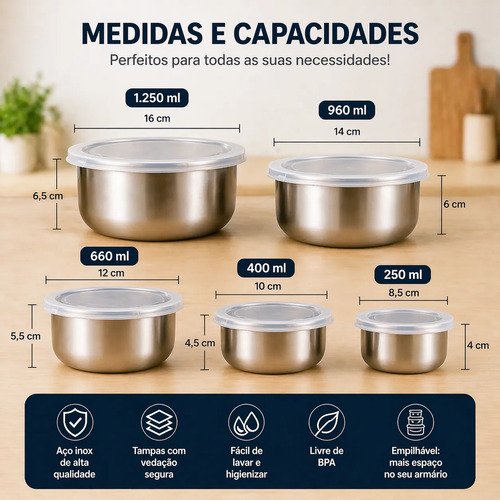 Jogo 10 Potes Tigelas Em Inox Alumínio Com Tampa Redondo