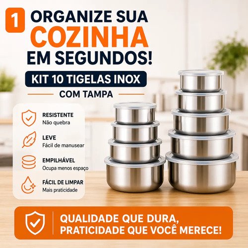 Jogo 10 Potes Tigelas Em Inox Alumínio Com Tampa Redondo