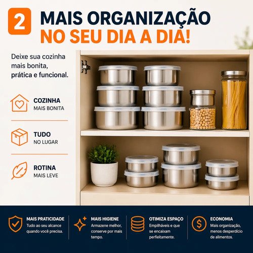 Jogo 10 Potes Tigelas Em Inox Alumínio Com Tampa Redondo