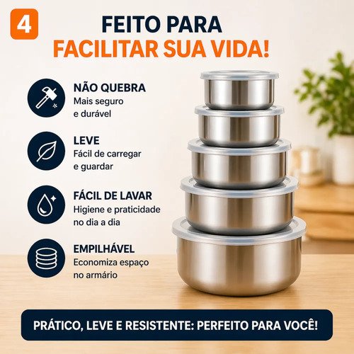 Jogo 10 Potes Tigelas Em Inox Alumínio Com Tampa Redondo