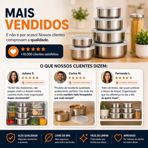 Jogo 10 Potes Tigelas Em Inox Alumínio Com Tampa Redondo