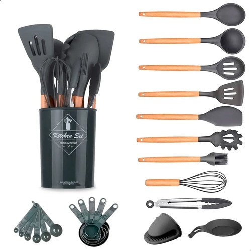 Jogo 13 pecas de siliconebambu utensilios cozinha madeira