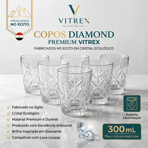 Jogo 6 copos diamond egipcio 300ml vidro grosso diamante lux