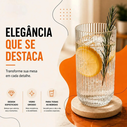 Jogo 6 Copos Vidro Canelado 423ml Moderno Elegante Premium Vinho Água Suco Drinks Gin Whisky Jogo Copos Taça Copo Conjunto Design Luxo Texturizado Cozinha Restaurante Decoração Hold On