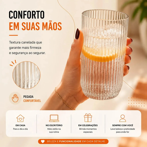 Jogo 6 Copos Vidro Canelado 423ml Moderno Elegante Premium Vinho Água Suco Drinks Gin Whisky Jogo Copos Taça Copo Conjunto Design Luxo Texturizado Cozinha Restaurante Decoração Hold On
