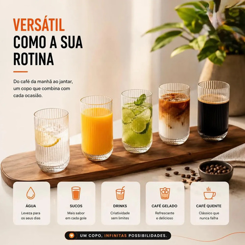 Jogo 6 Copos Vidro Canelado 423ml Moderno Elegante Premium Vinho Água Suco Drinks Gin Whisky Jogo Copos Taça Copo Conjunto Design Luxo Texturizado Cozinha Restaurante Decoração Hold On