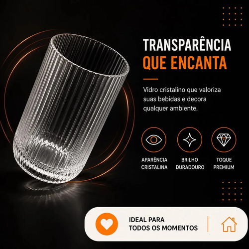 Jogo 6 Copos Vidro Canelado 423ml Moderno Elegante Premium Vinho Água Suco Drinks Gin Whisky Jogo Copos Taça Copo Conjunto Design Luxo Texturizado Cozinha Restaurante Decoração Hold On