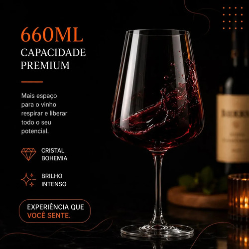 Jogo 6 Taças Cristal Titanium Bohemia Xtra 660ml Vinho Tinto Premium Taça Grande Elegante Mesa Posta Decoração Hold On