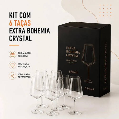 Jogo 6 Taças Cristal Titanium Bohemia Xtra 660ml Vinho Tinto Premium Taça Grande Elegante Mesa Posta Decoração Hold On