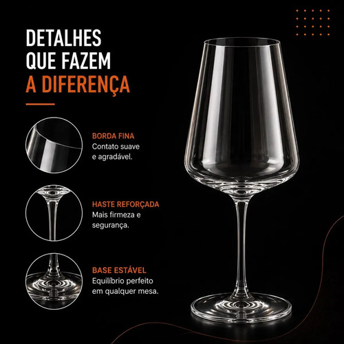 Jogo 6 Taças Cristal Titanium Bohemia Xtra 660ml Vinho Tinto Premium Taça Grande Elegante Mesa Posta Decoração Hold On