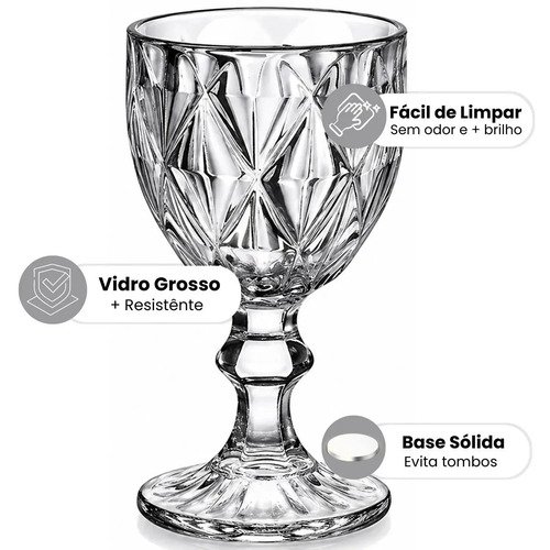 Jogo 6 Taças Vidro Diamond 340ml Conjunto Mesa Posta Água Suco Cozinha Decoração Presente