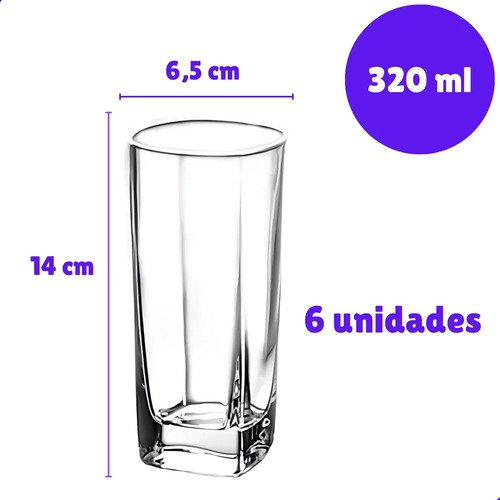 Jogo De 6 Copos De Vidro Alto 300ml Quadrado Suco Agua Ms Variedades