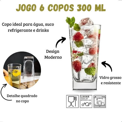 Jogo De 6 Copos De Vidro Alto 300ml Quadrado Suco Agua Ms Variedades